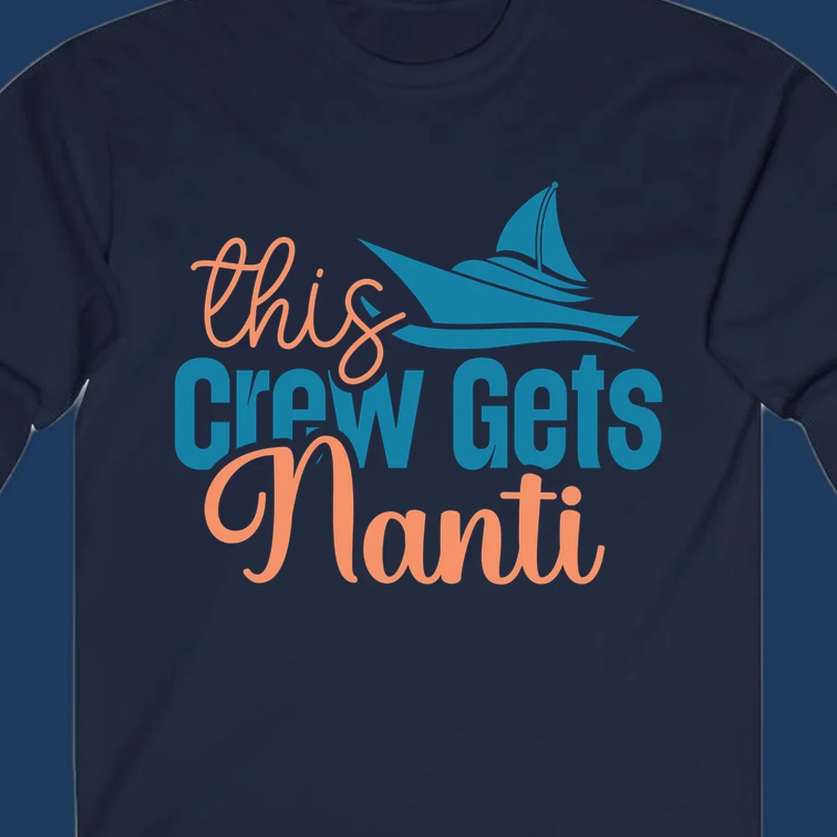 Chill crew gets afloat design with coral text and teal sailboat illustration on gray background