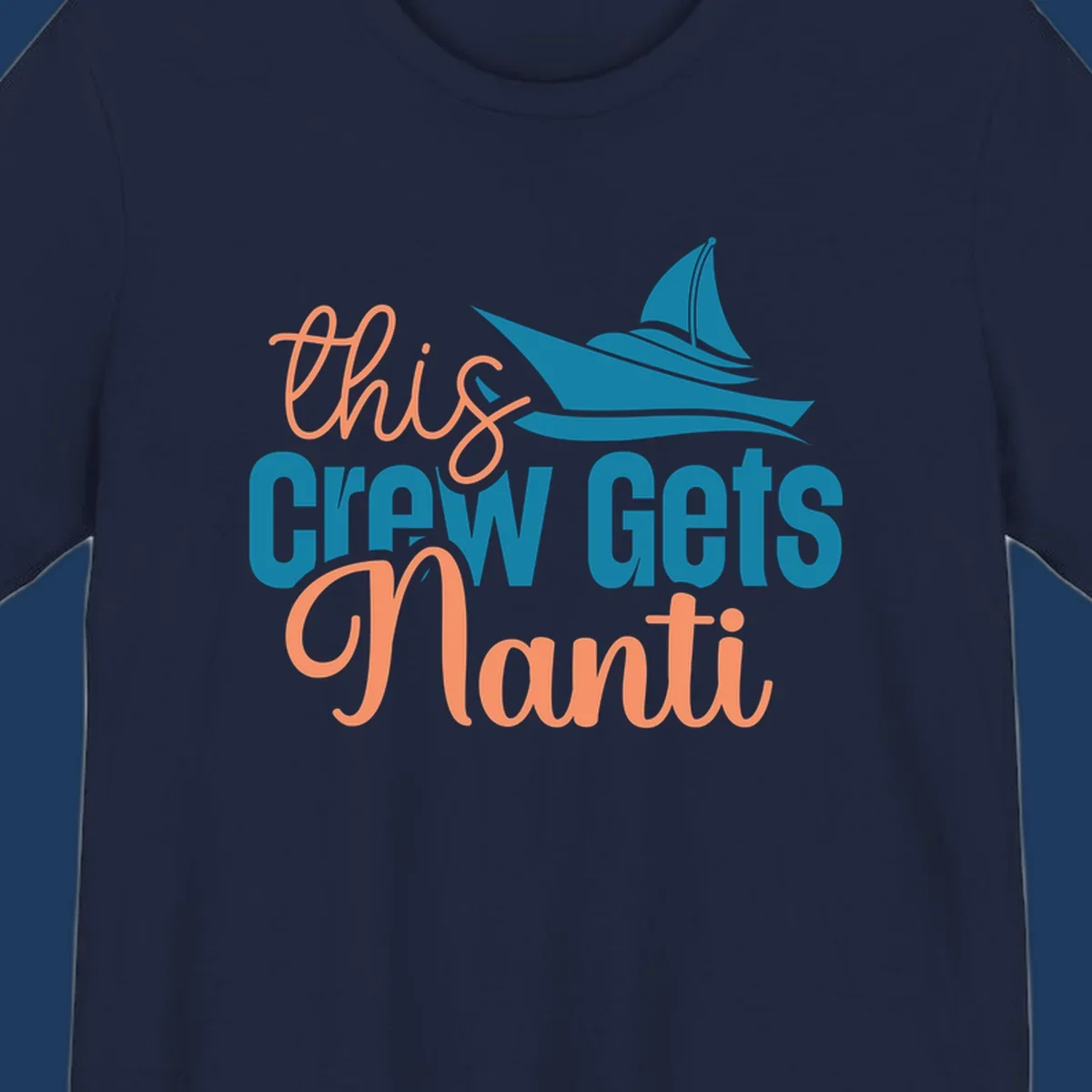 Chill crew gets afloat design with coral text and teal sailboat illustration on gray background