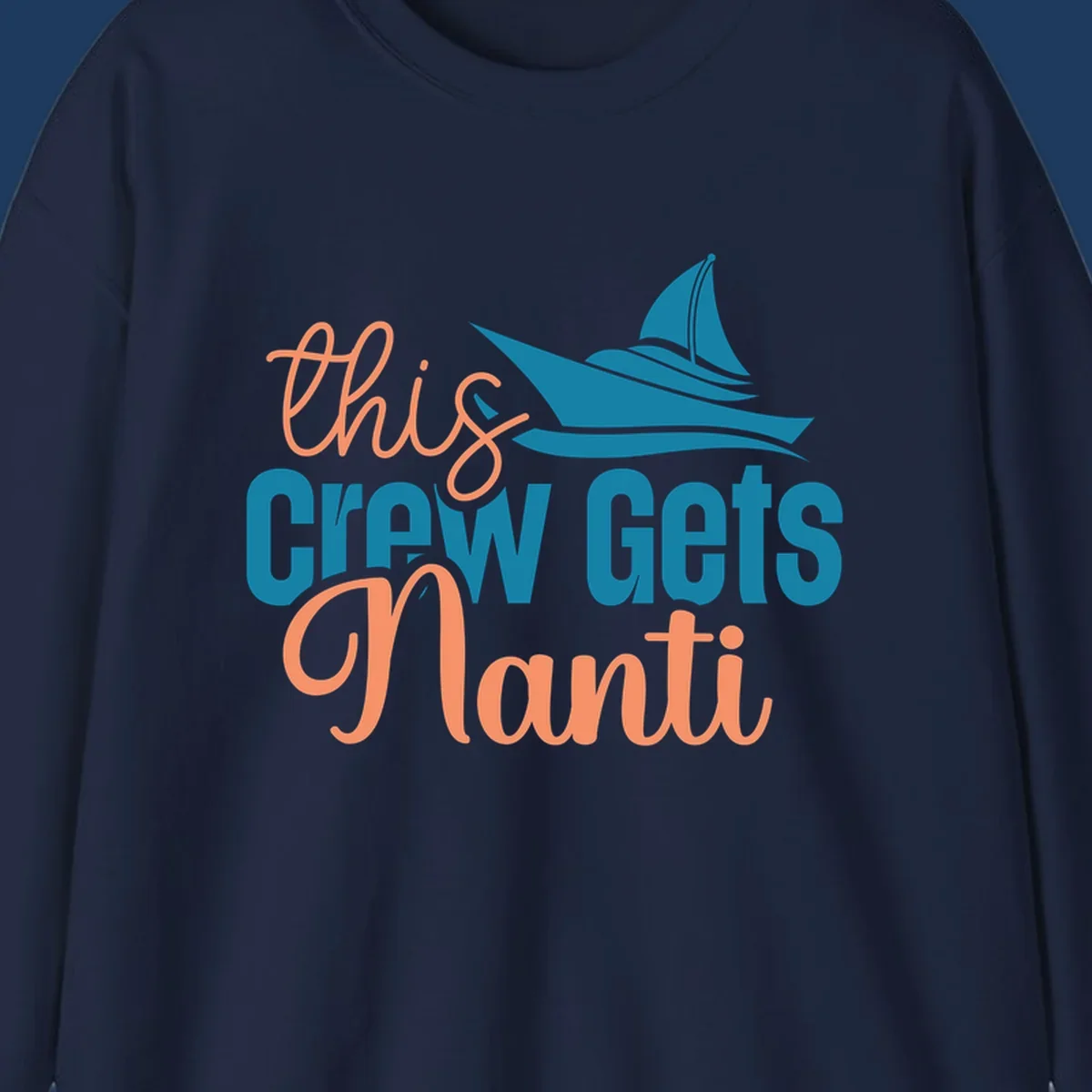 Chill crew gets afloat design with coral text and teal sailboat illustration on gray background