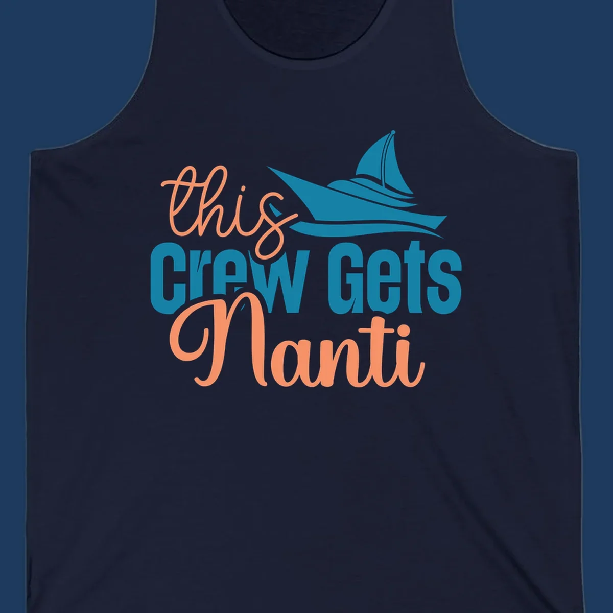 Chill crew gets afloat design with coral text and teal sailboat illustration on gray background