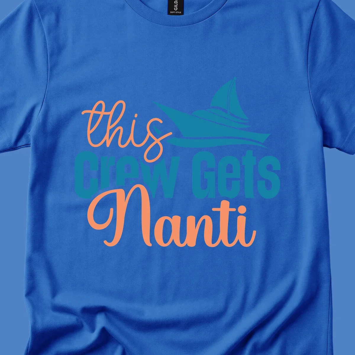 Chill crew gets afloat design with coral text and teal sailboat illustration on gray background