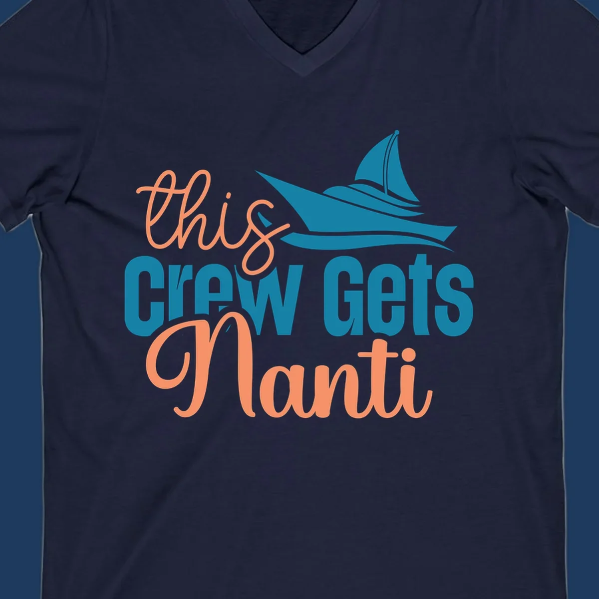 Chill crew gets afloat design with coral text and teal sailboat illustration on gray background