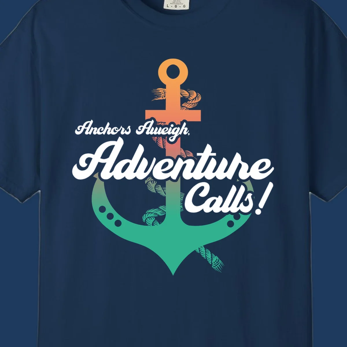 Nautical illustration with orange anchor and teal mermaid tail, white cursive text reading Anchors Aweigh Adventure Calls