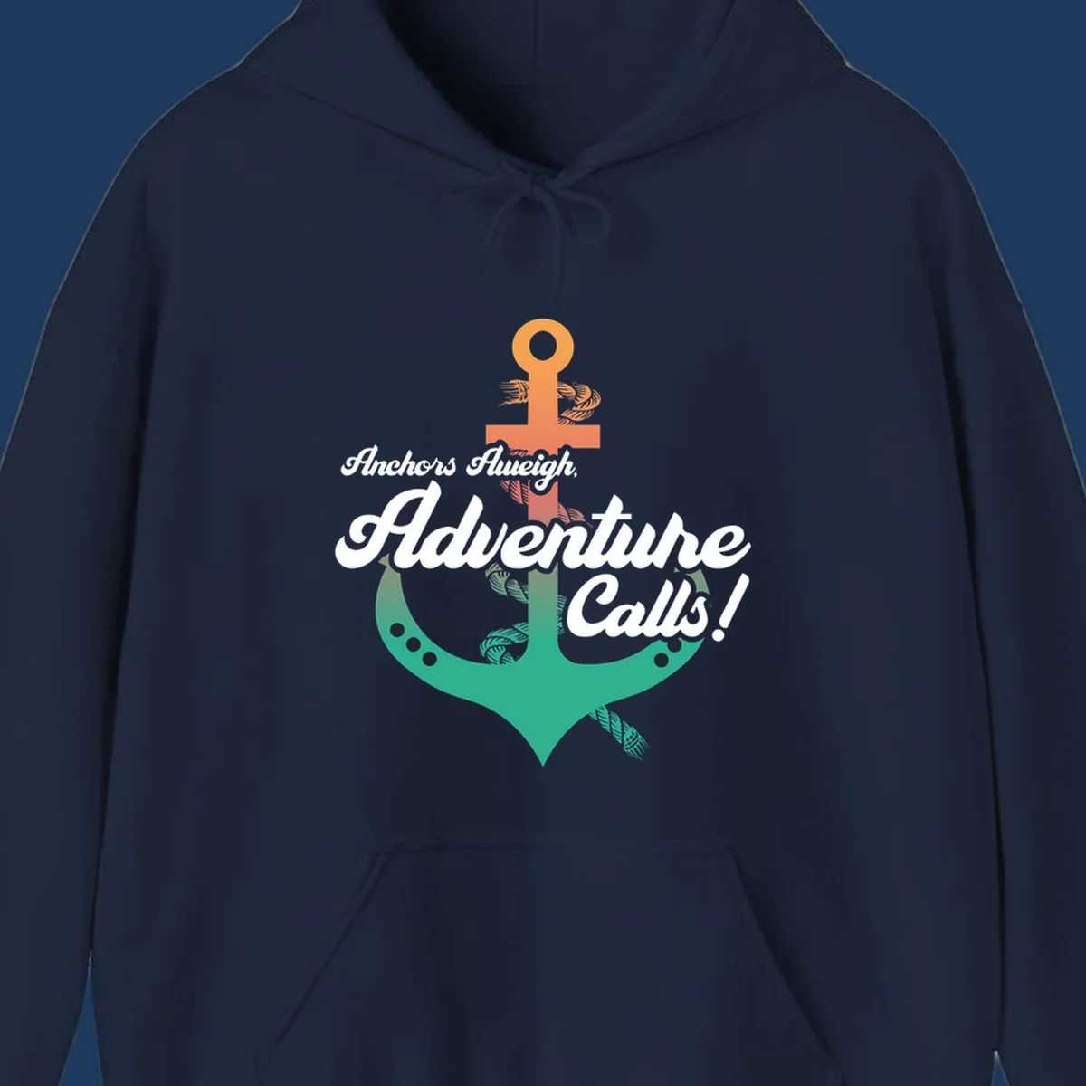 Nautical illustration with orange anchor and teal mermaid tail, white cursive text reading Anchors Aweigh Adventure Calls