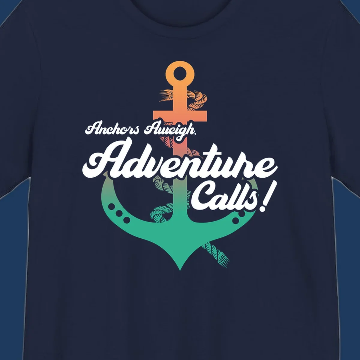 Nautical illustration with orange anchor and teal mermaid tail, white cursive text reading Anchors Aweigh Adventure Calls