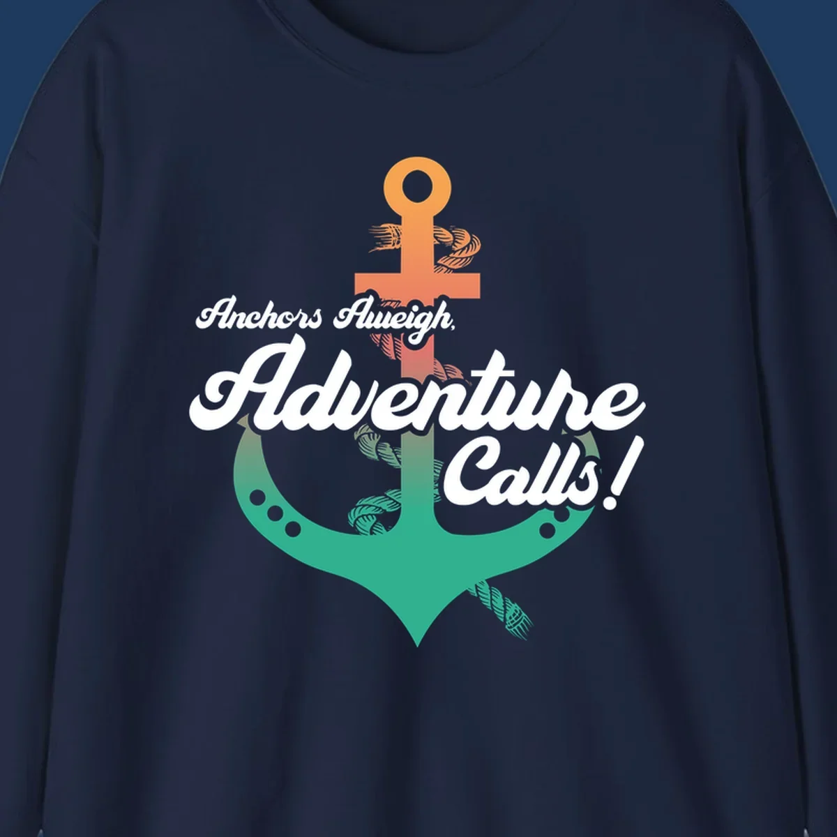 Nautical illustration with orange anchor and teal mermaid tail, white cursive text reading Anchors Aweigh Adventure Calls