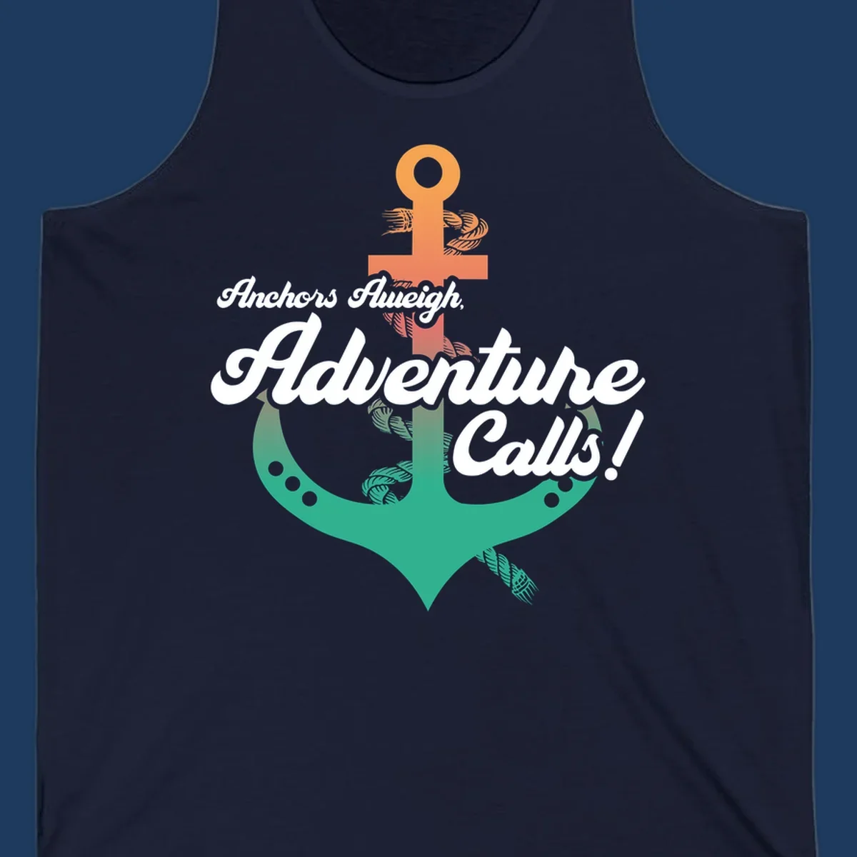 Nautical illustration with orange anchor and teal mermaid tail, white cursive text reading Anchors Aweigh Adventure Calls
