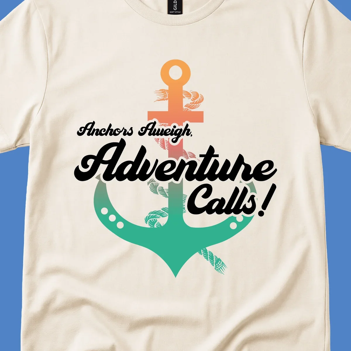 Nautical illustration with orange anchor and teal mermaid tail, white cursive text reading Anchors Aweigh Adventure Calls