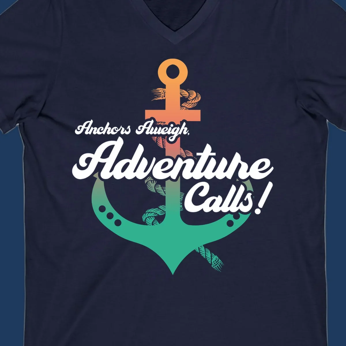 Nautical illustration with orange anchor and teal mermaid tail, white cursive text reading Anchors Aweigh Adventure Calls