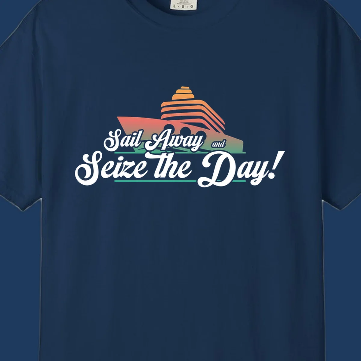 Sail away seize the day design featuring a layered coral cruise ship with white script text on gray background
