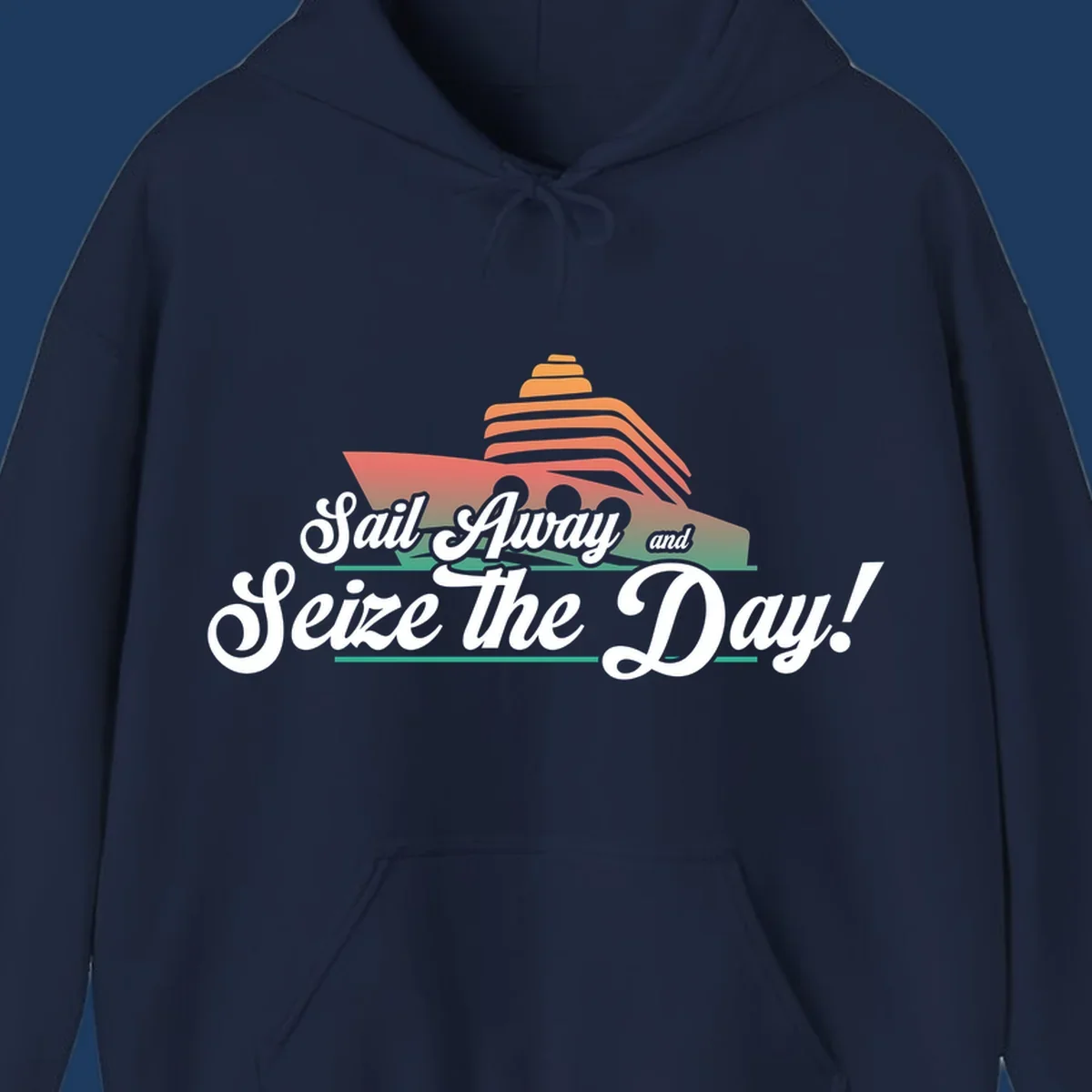 Sail away seize the day design featuring a layered coral cruise ship with white script text on gray background