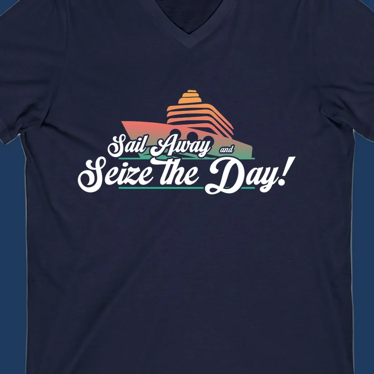 Sail away seize the day design featuring a layered coral cruise ship with white script text on gray background