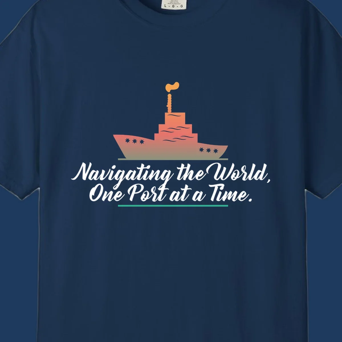 Illustration of a cargo ship with smokestacks above text reading 'Navigating the World, One Port at a Time' in white script