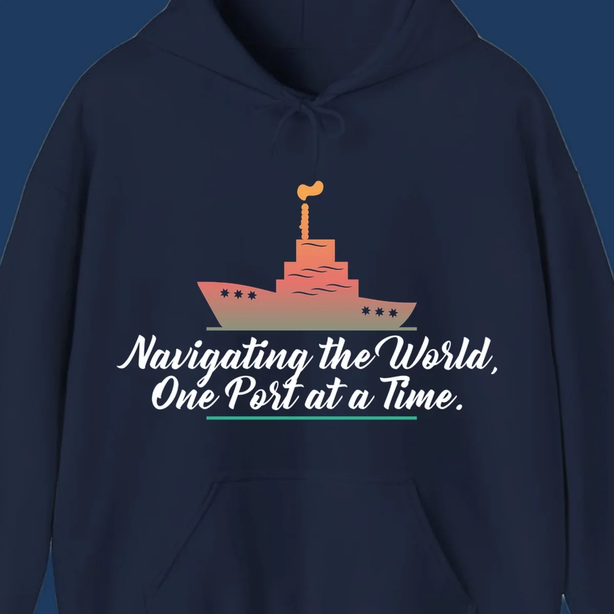 Illustration of a cargo ship with smokestacks above text reading 'Navigating the World, One Port at a Time' in white script