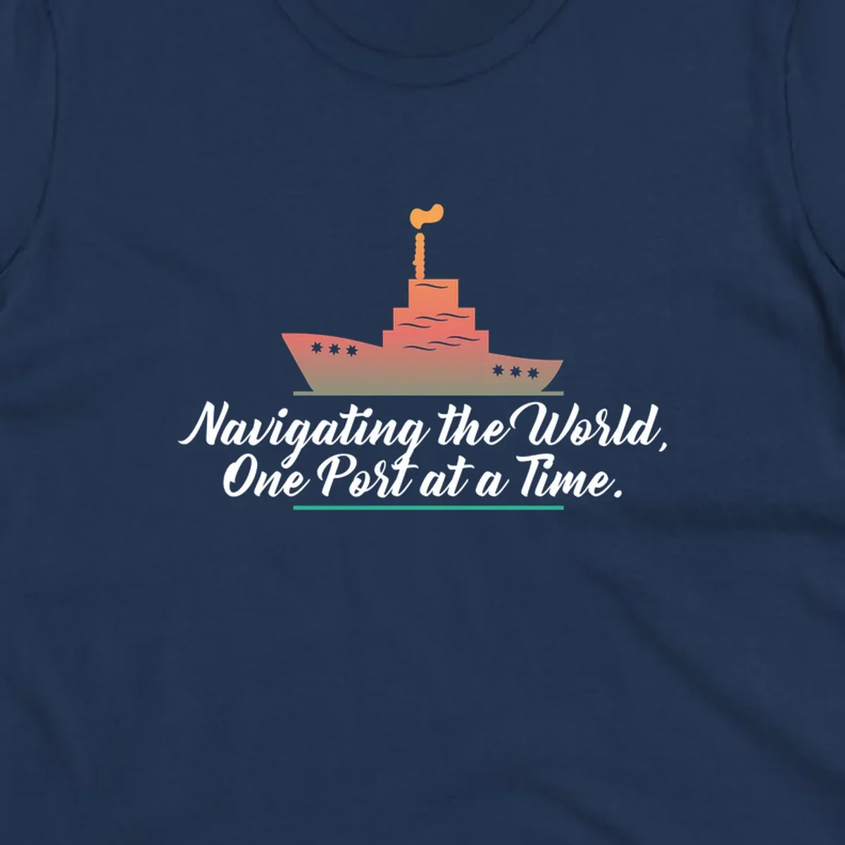 Illustration of a cargo ship with smokestacks above text reading 'Navigating the World, One Port at a Time' in white script