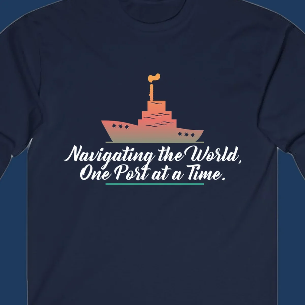 Illustration of a cargo ship with smokestacks above text reading 'Navigating the World, One Port at a Time' in white script