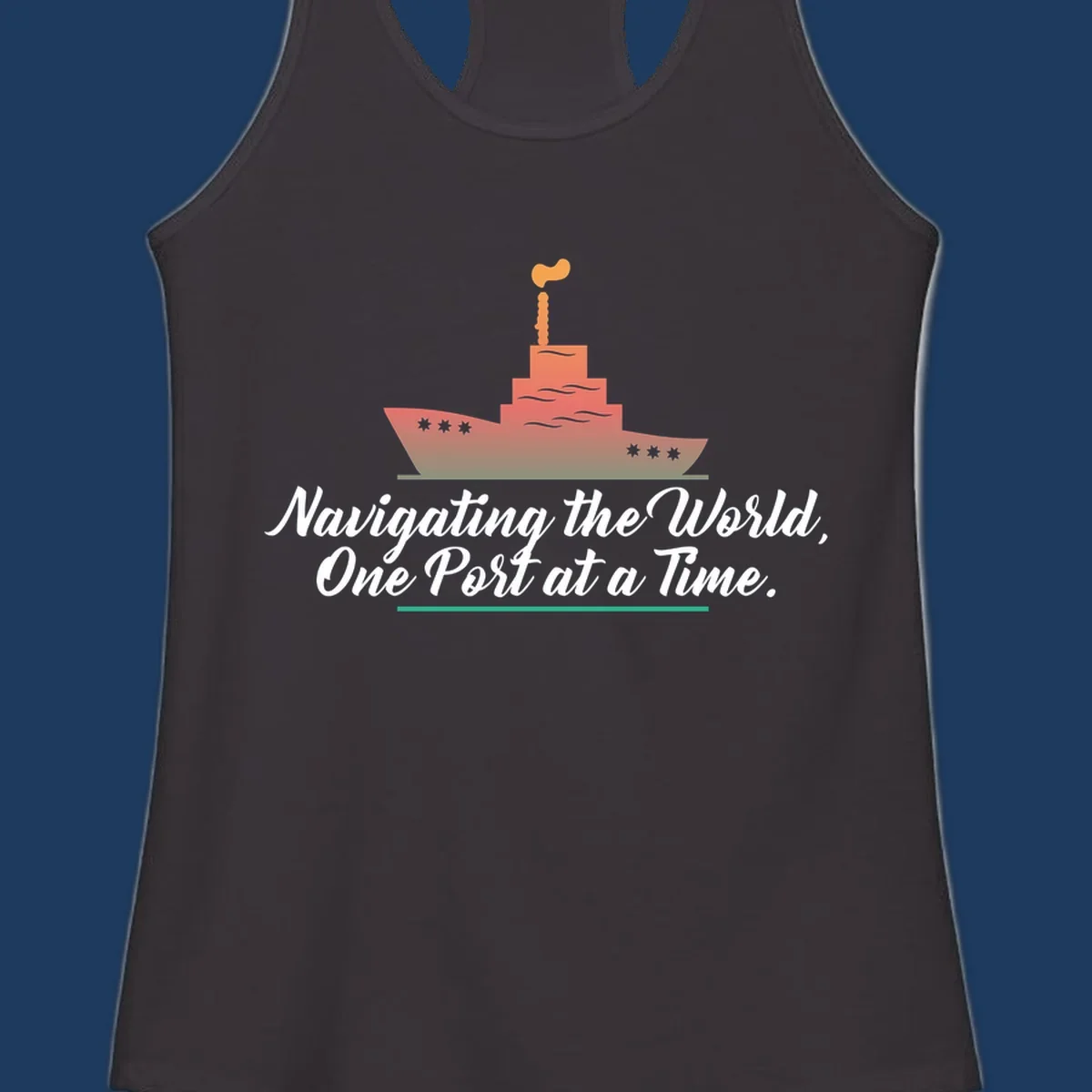 Illustration of a cargo ship with smokestacks above text reading 'Navigating the World, One Port at a Time' in white script