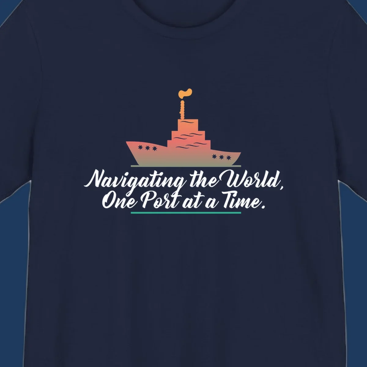 Illustration of a cargo ship with smokestacks above text reading 'Navigating the World, One Port at a Time' in white script