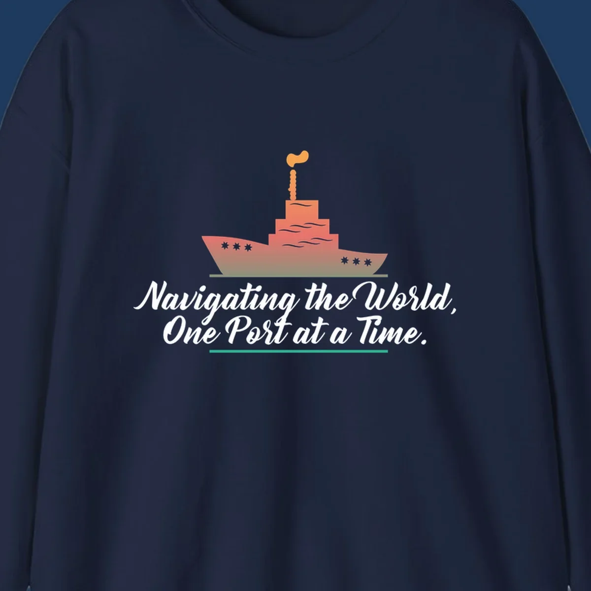 Illustration of a cargo ship with smokestacks above text reading 'Navigating the World, One Port at a Time' in white script