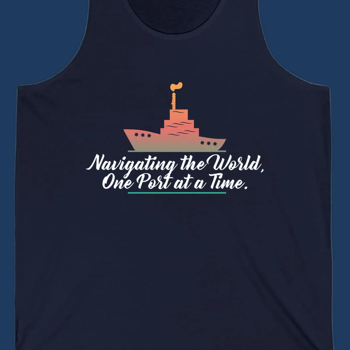 Illustration of a cargo ship with smokestacks above text reading 'Navigating the World, One Port at a Time' in white script