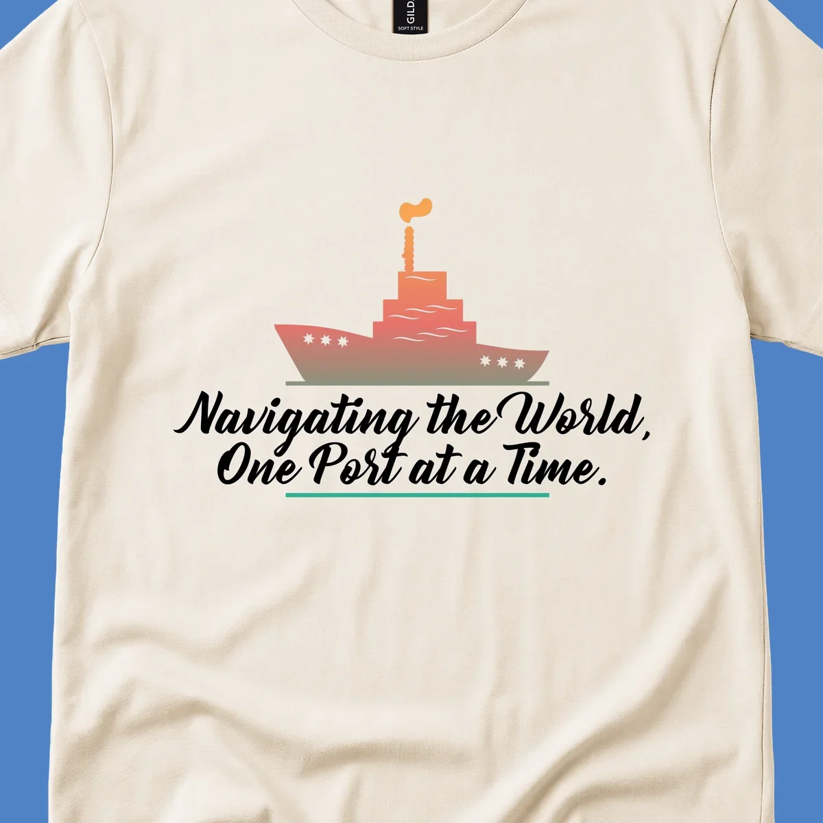 Illustration of a cargo ship with smokestacks above text reading 'Navigating the World, One Port at a Time' in white script