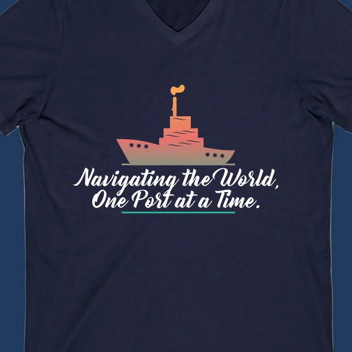 Illustration of a cargo ship with smokestacks above text reading 'Navigating the World, One Port at a Time' in white script