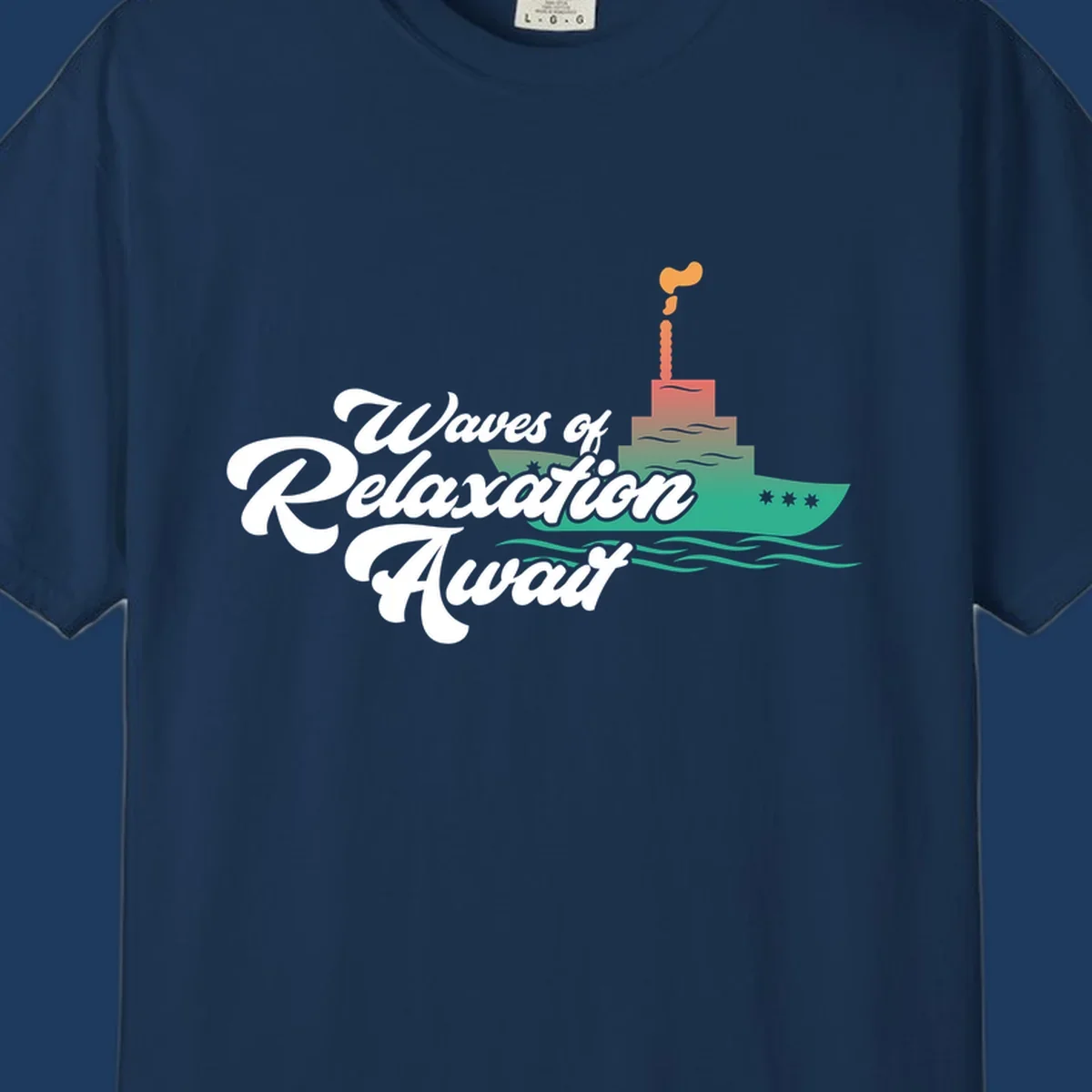 Waves of relaxation cruise ship design with stylized text and colorful ocean liner illustration on gray background