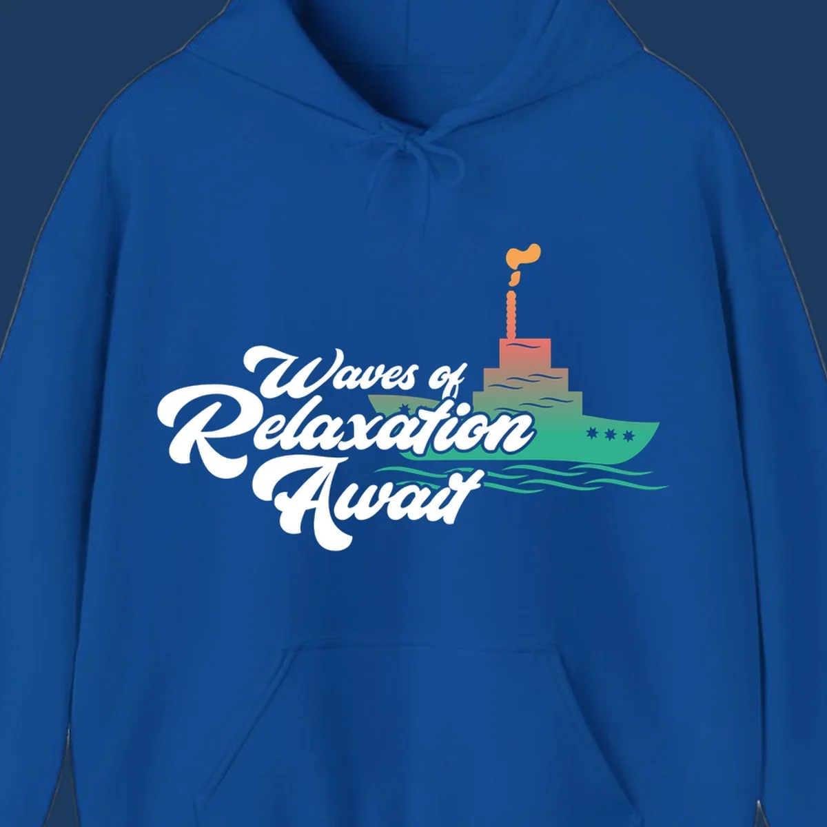 Waves of relaxation cruise ship design with stylized text and colorful ocean liner illustration on gray background