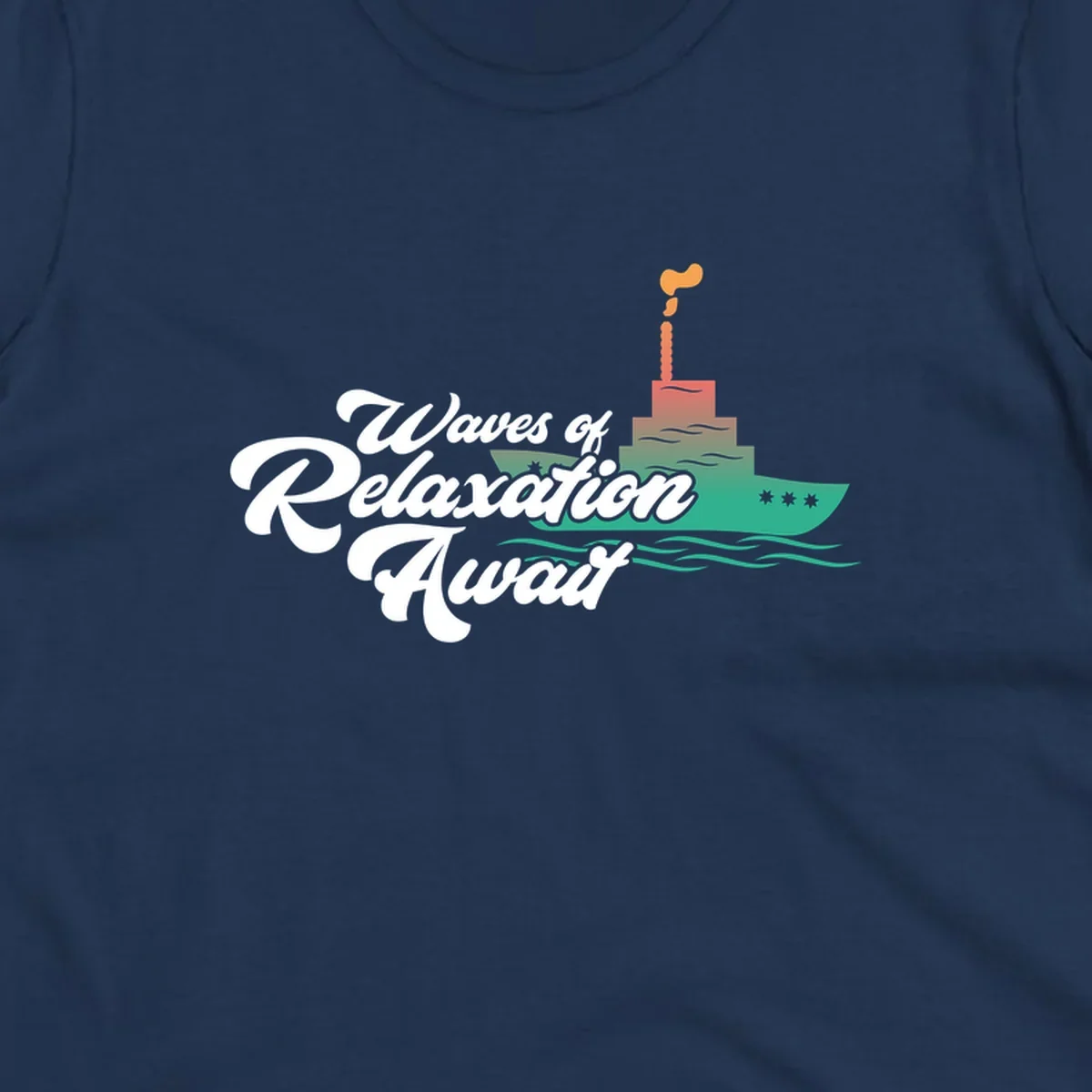 Waves of relaxation cruise ship design with stylized text and colorful ocean liner illustration on gray background