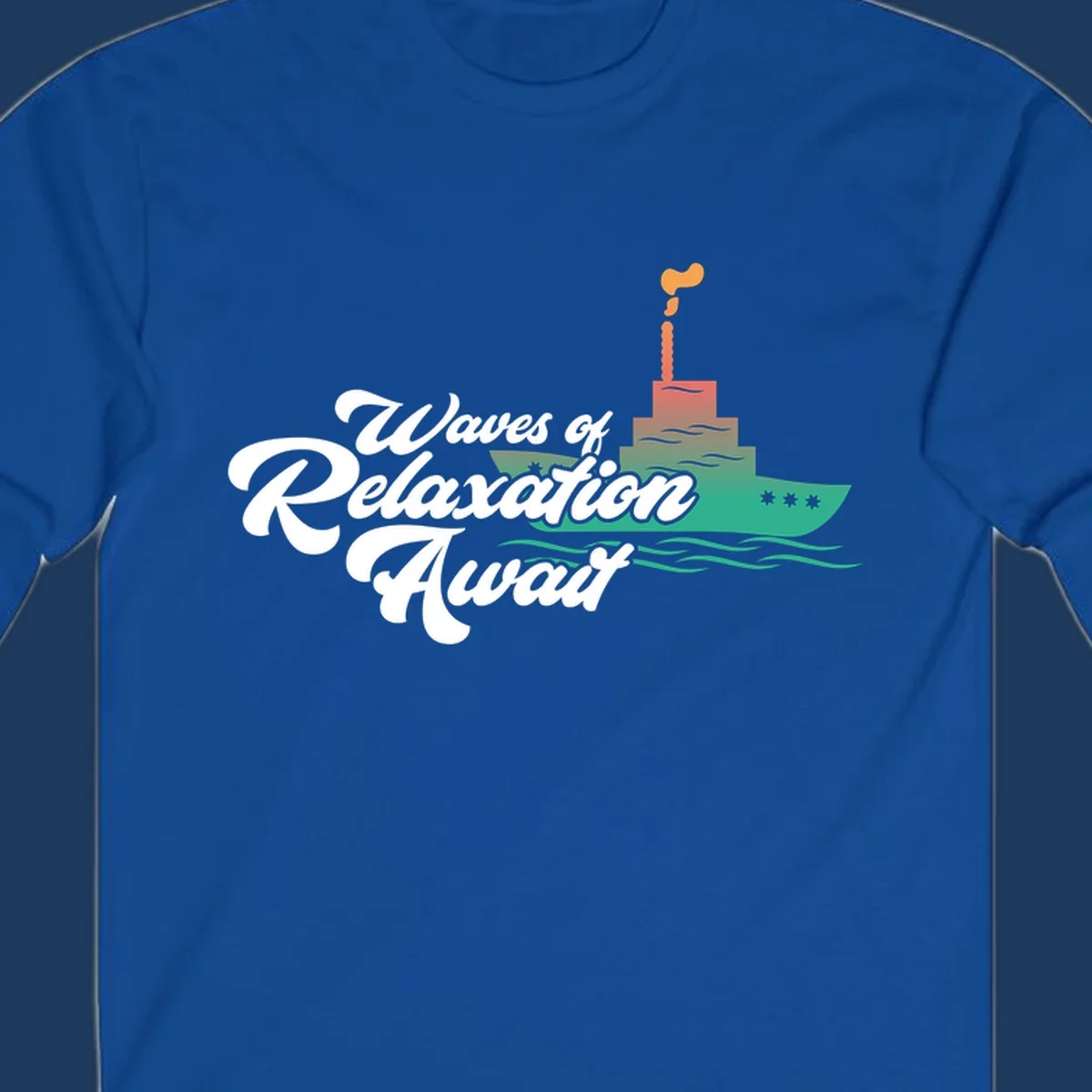 Waves of relaxation cruise ship design with stylized text and colorful ocean liner illustration on gray background