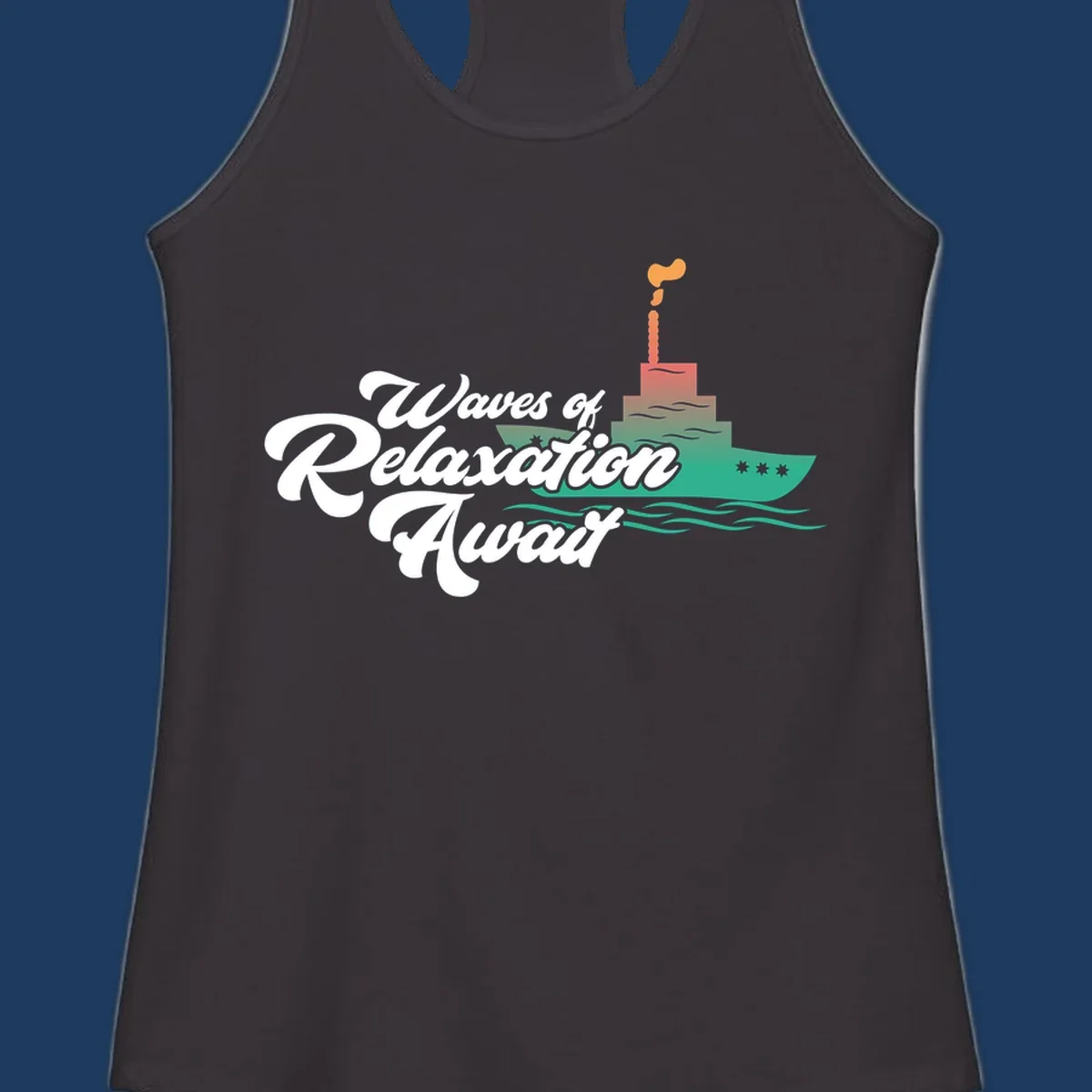 Waves of relaxation cruise ship design with stylized text and colorful ocean liner illustration on gray background