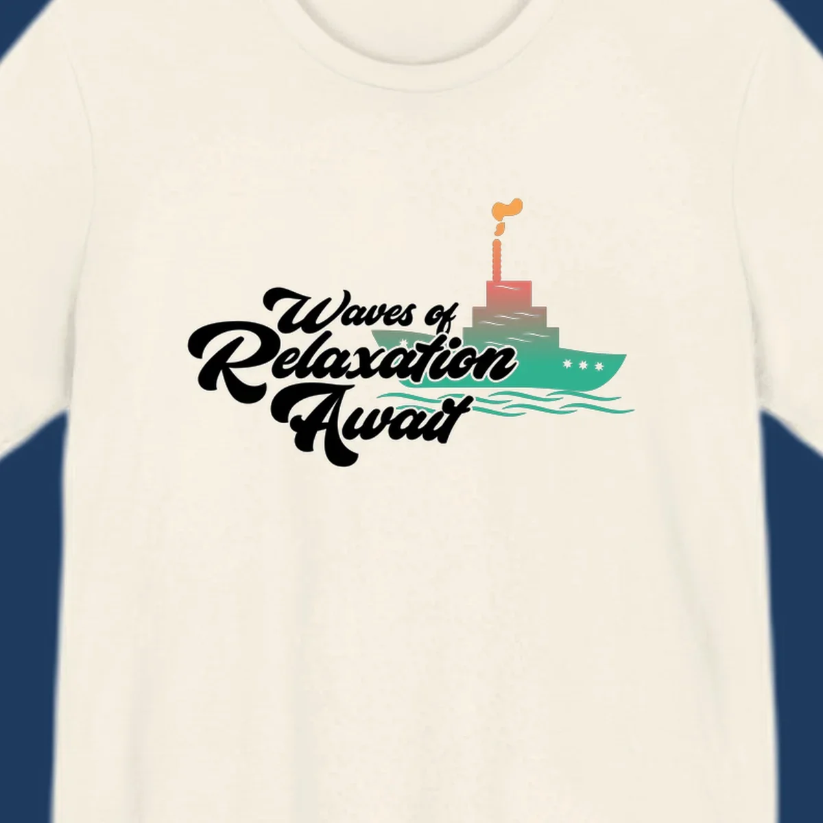 Waves of relaxation cruise ship design with stylized text and colorful ocean liner illustration on gray background