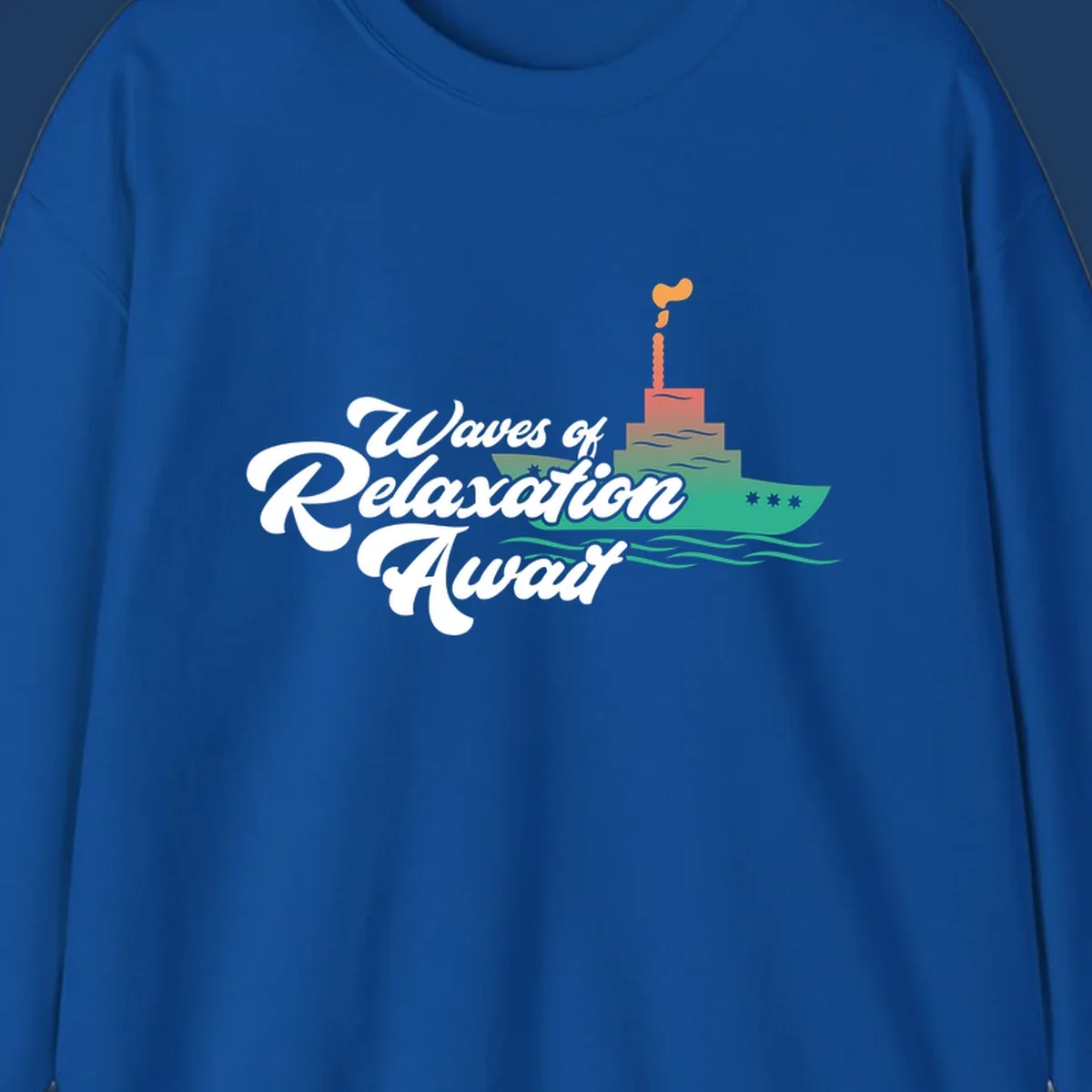 Waves of relaxation cruise ship design with stylized text and colorful ocean liner illustration on gray background