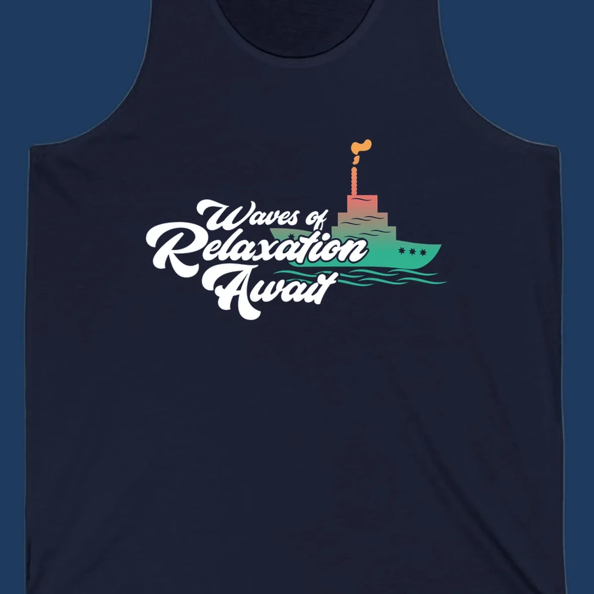 Waves of relaxation cruise ship design with stylized text and colorful ocean liner illustration on gray background