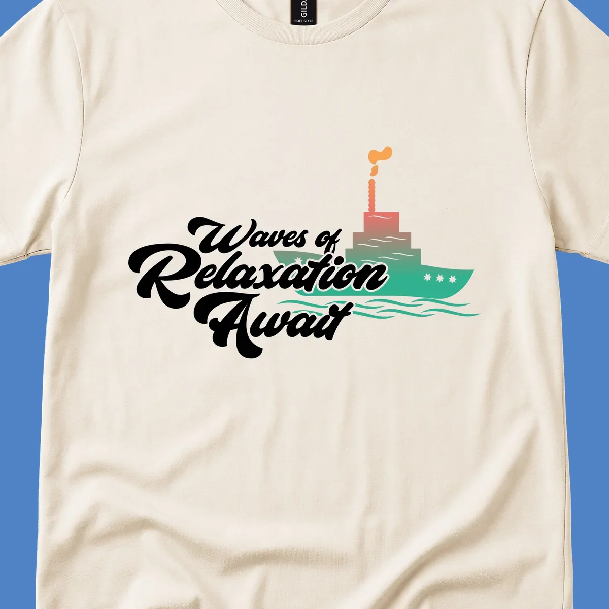Waves of relaxation cruise ship design with stylized text and colorful ocean liner illustration on gray background