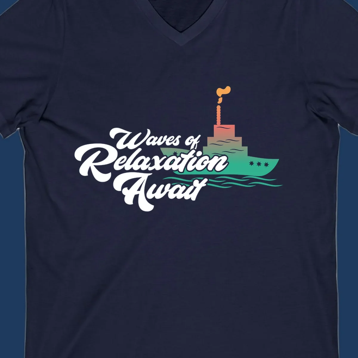 Waves of relaxation cruise ship design with stylized text and colorful ocean liner illustration on gray background