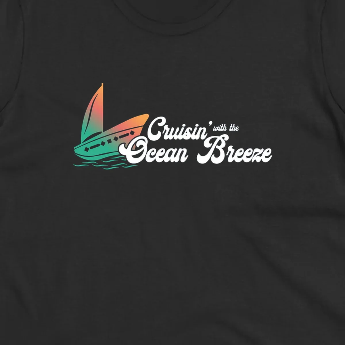 Sailboat with gradient orange-to-green sail on ocean waves with 'Cruisin' with the Ocean Breeze' text in white script