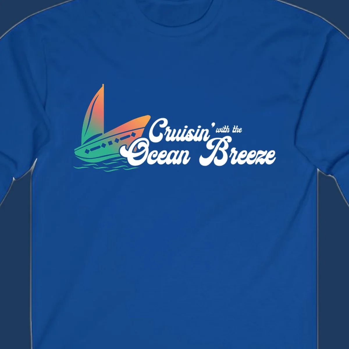 Sailboat with gradient orange-to-green sail on ocean waves with 'Cruisin' with the Ocean Breeze' text in white script
