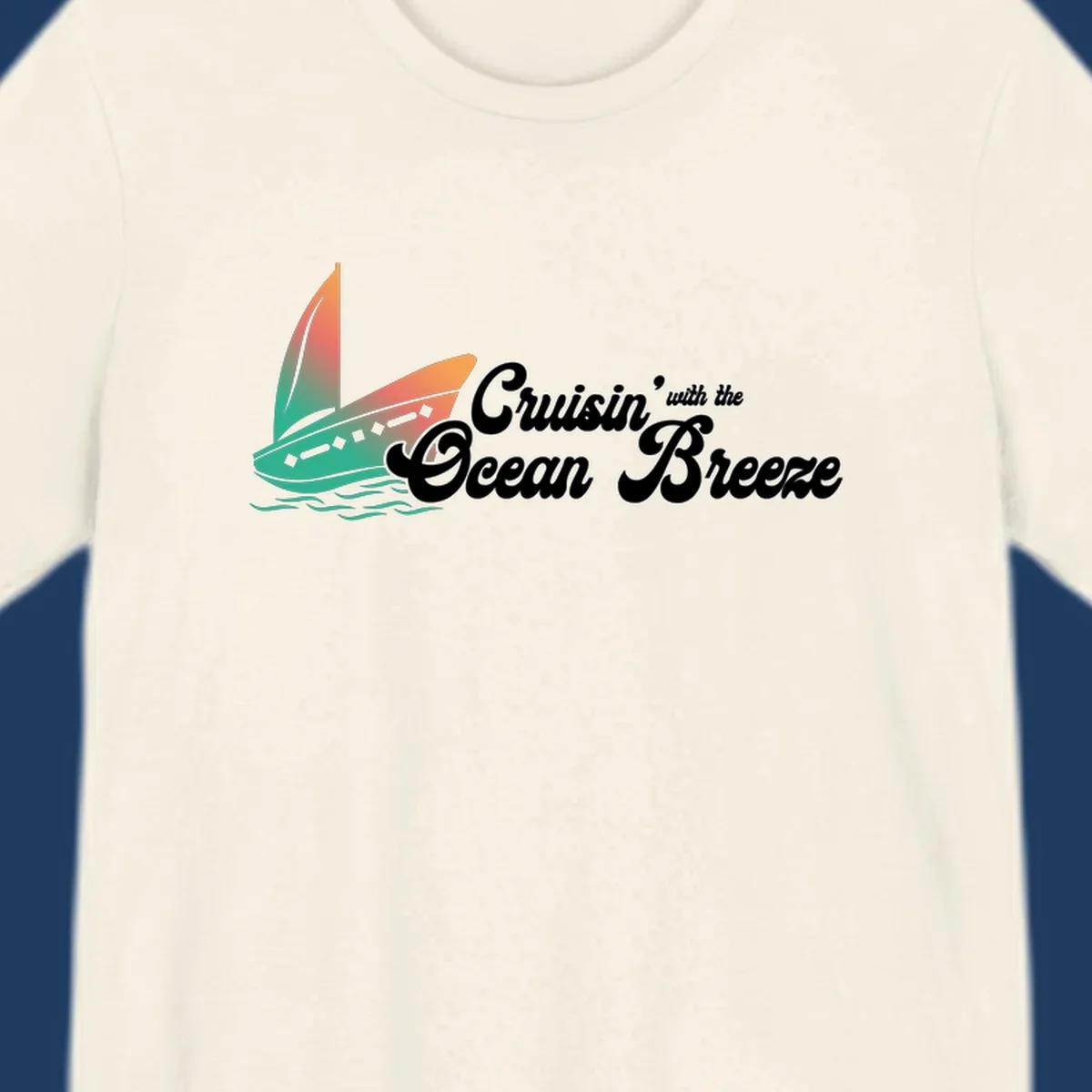 Sailboat with gradient orange-to-green sail on ocean waves with 'Cruisin' with the Ocean Breeze' text in white script