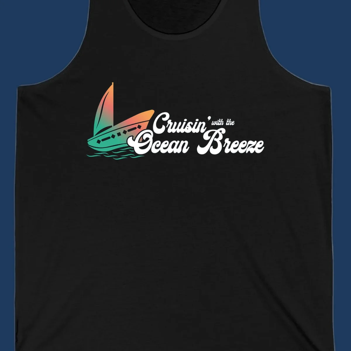 Sailboat with gradient orange-to-green sail on ocean waves with 'Cruisin' with the Ocean Breeze' text in white script