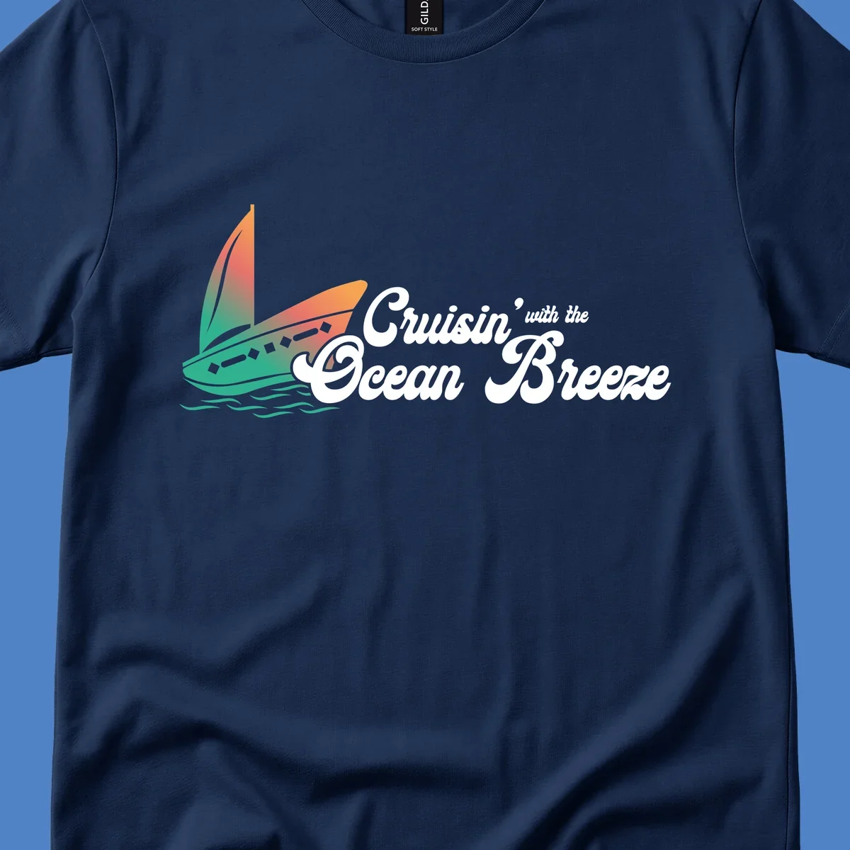 Sailboat with gradient orange-to-green sail on ocean waves with 'Cruisin' with the Ocean Breeze' text in white script