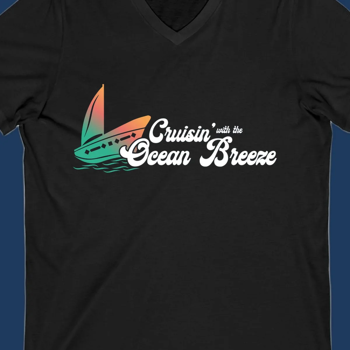 Sailboat with gradient orange-to-green sail on ocean waves with 'Cruisin' with the Ocean Breeze' text in white script