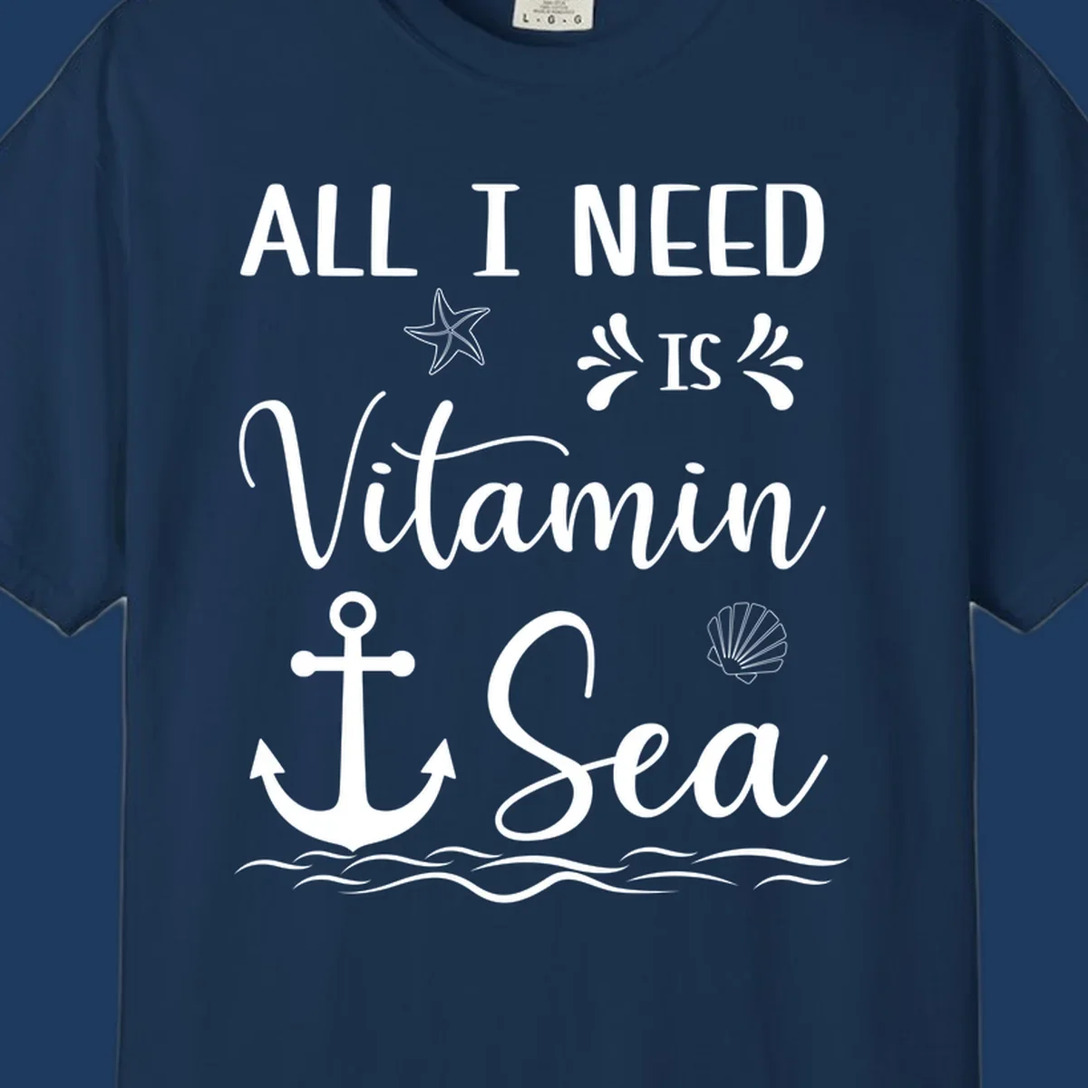 Vitamin sea cruise design with starfish, anchor, shell, and ocean waves on gray background