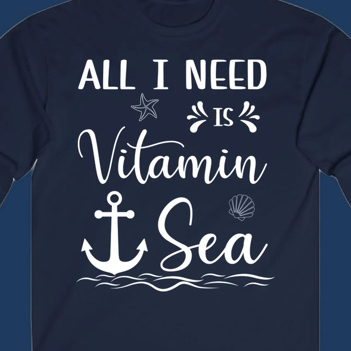 Vitamin sea cruise design with starfish, anchor, shell, and ocean waves on gray background