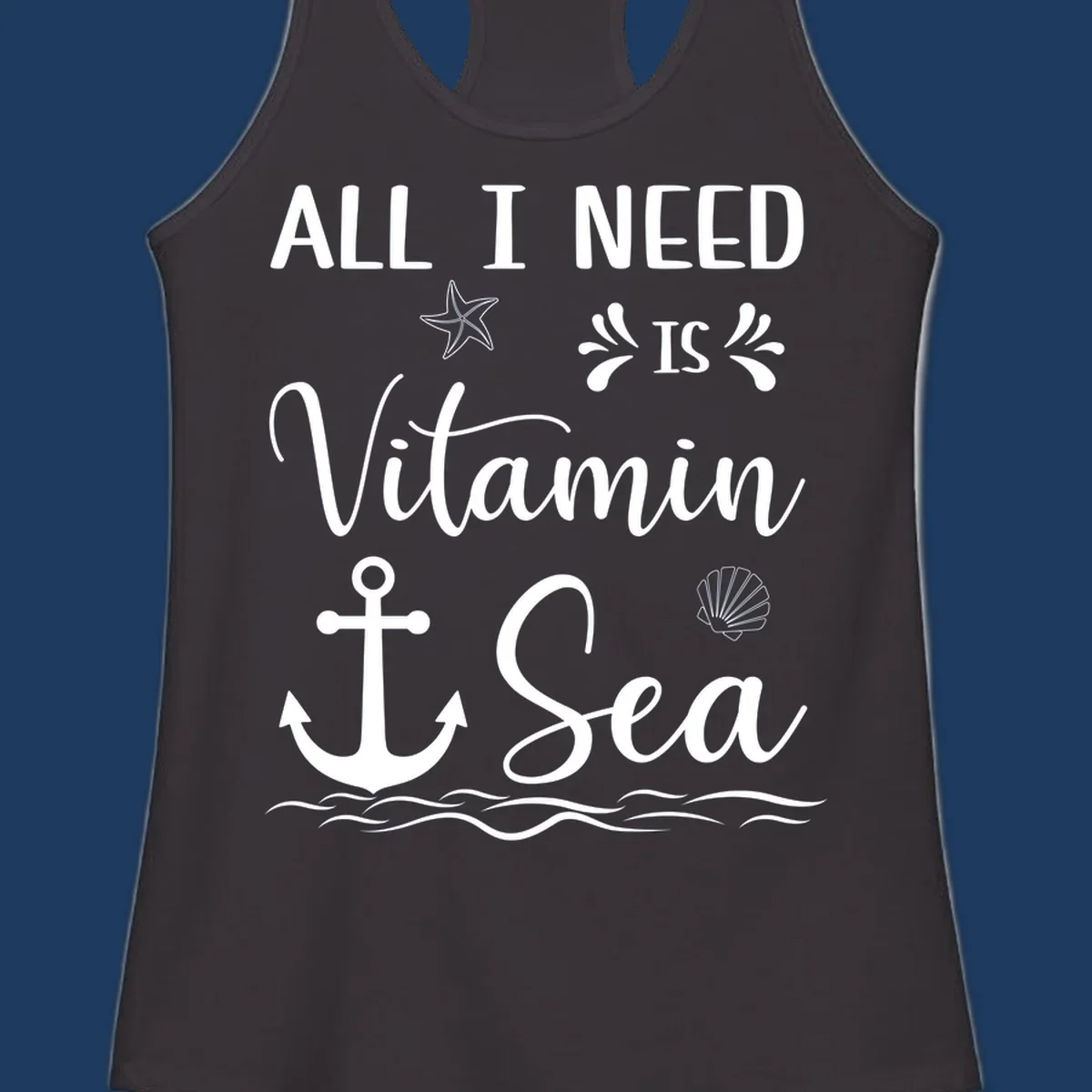 Vitamin sea cruise design with starfish, anchor, shell, and ocean waves on gray background