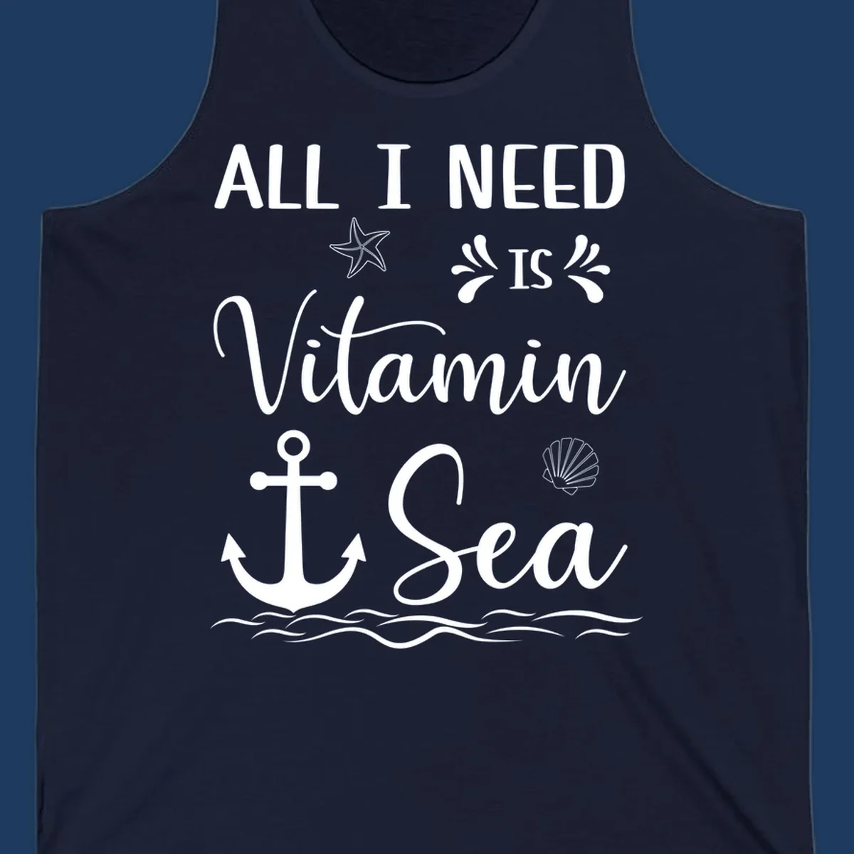 Vitamin sea cruise design with starfish, anchor, shell, and ocean waves on gray background