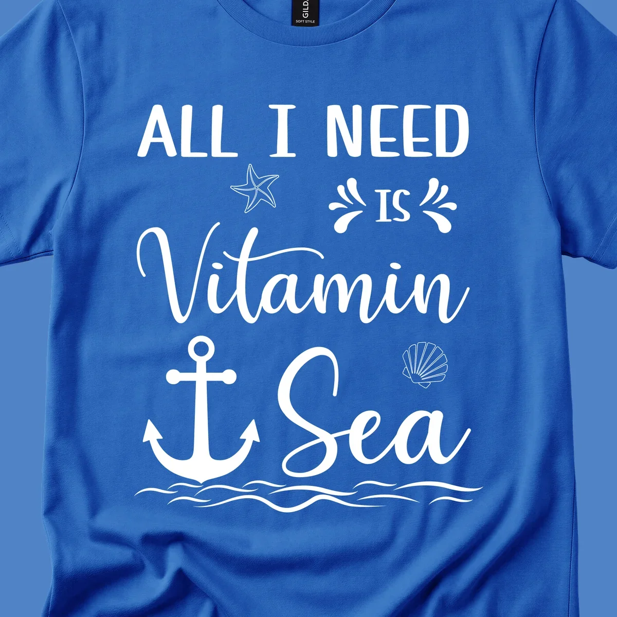 Vitamin sea cruise design with starfish, anchor, shell, and ocean waves on gray background