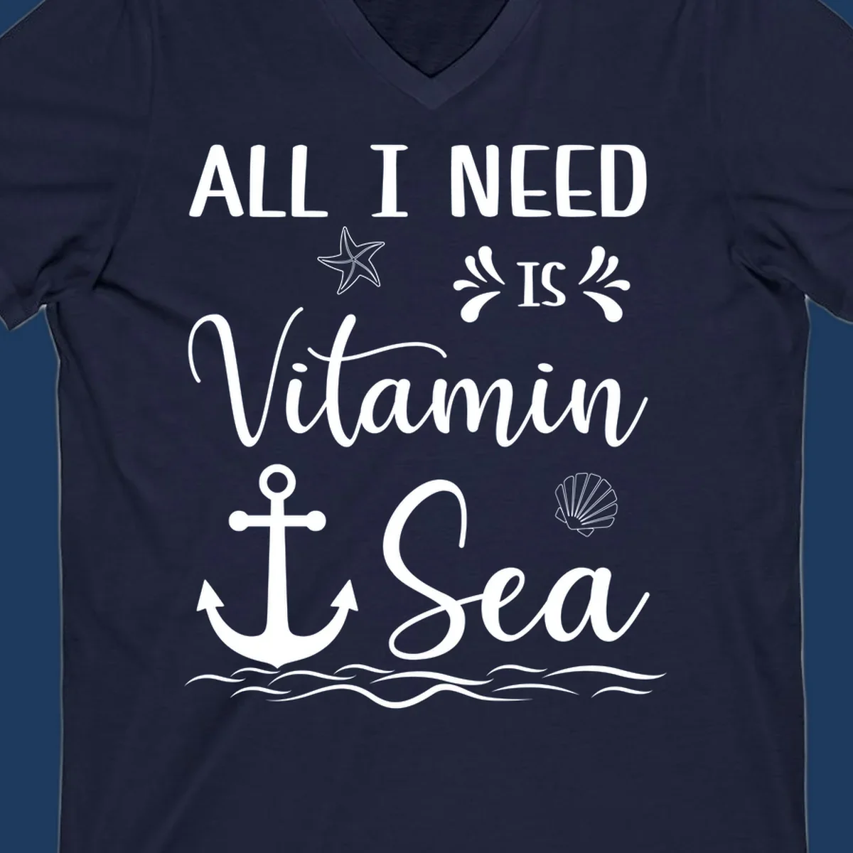 Vitamin sea cruise design with starfish, anchor, shell, and ocean waves on gray background
