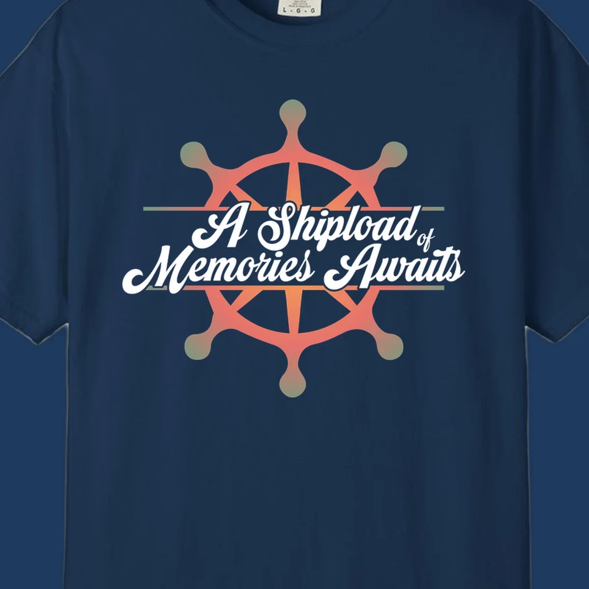 Coral ship's wheel with figures and white script text reading 'A Shipload of Memories Awaits' on gray background