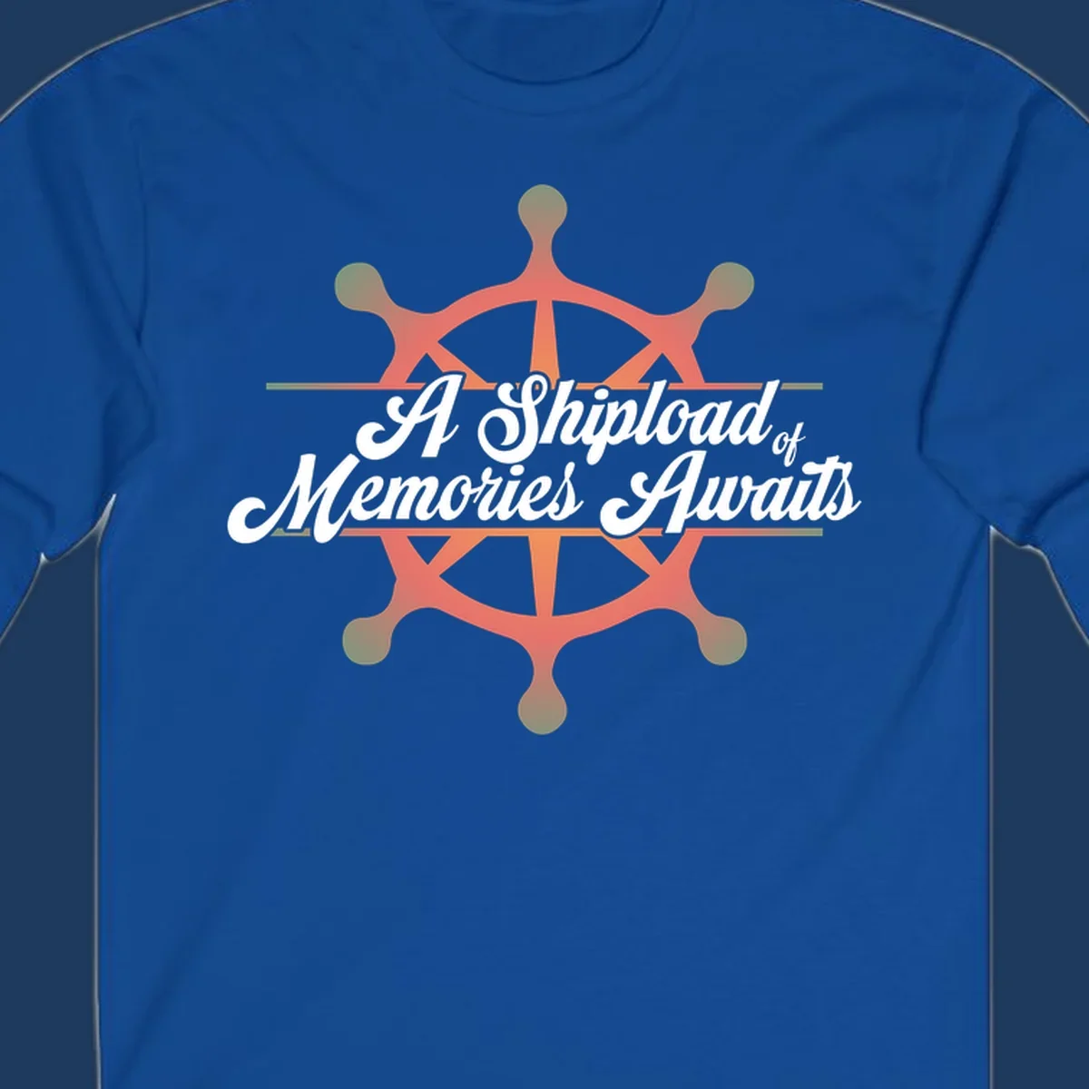 Coral ship's wheel with figures and white script text reading 'A Shipload of Memories Awaits' on gray background